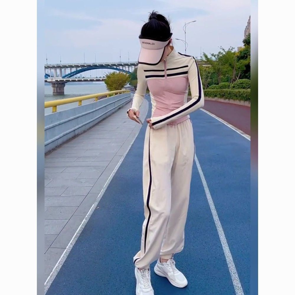 ชุดกีฬาลำลองสำหรับผู้หญิง ฤดูร้อน โยคะ ฟิตเนส สลิมฟิต เสื้อแจ็คเก็ตและกางเกงวอร์ม แห้งเร็ว ชุดสองชิ้