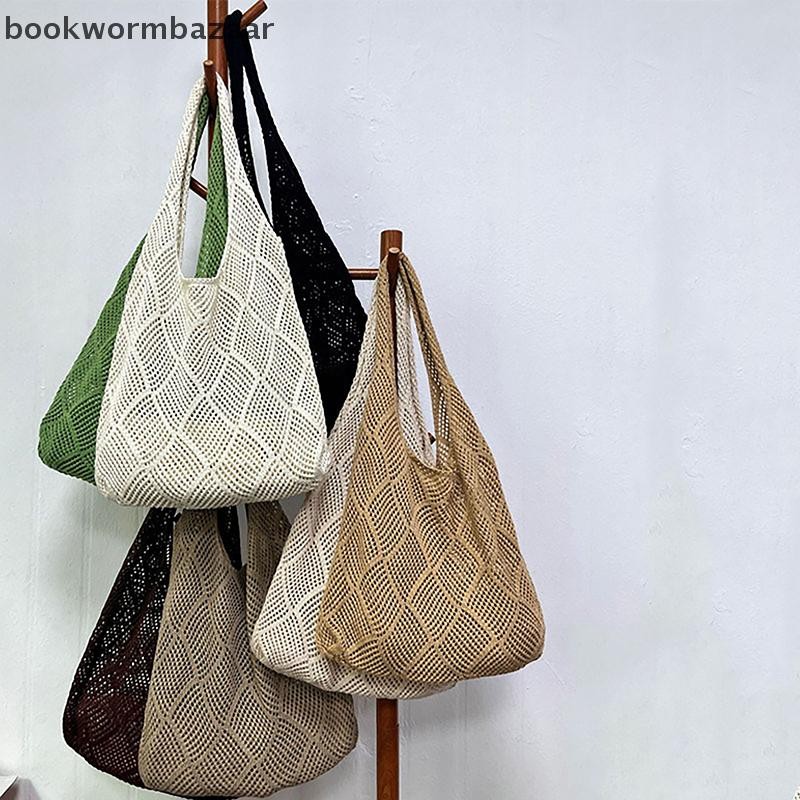 BOK Summer Beach กระเป๋าสะพายสตรีโครเชต์ถัก Hollow Tote สีทึบ สําหรับสาวผู้หญิง อเนกประสงค์ [TH]