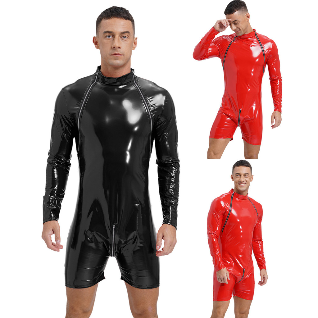 Yeahdor Mens Zipper Crotch แขนยาว Jumpsuit เปียกดูสิทธิบัตรหนัง Mock คอบอดี้สูท Club Dance Performance เครื่องแต่งกาย