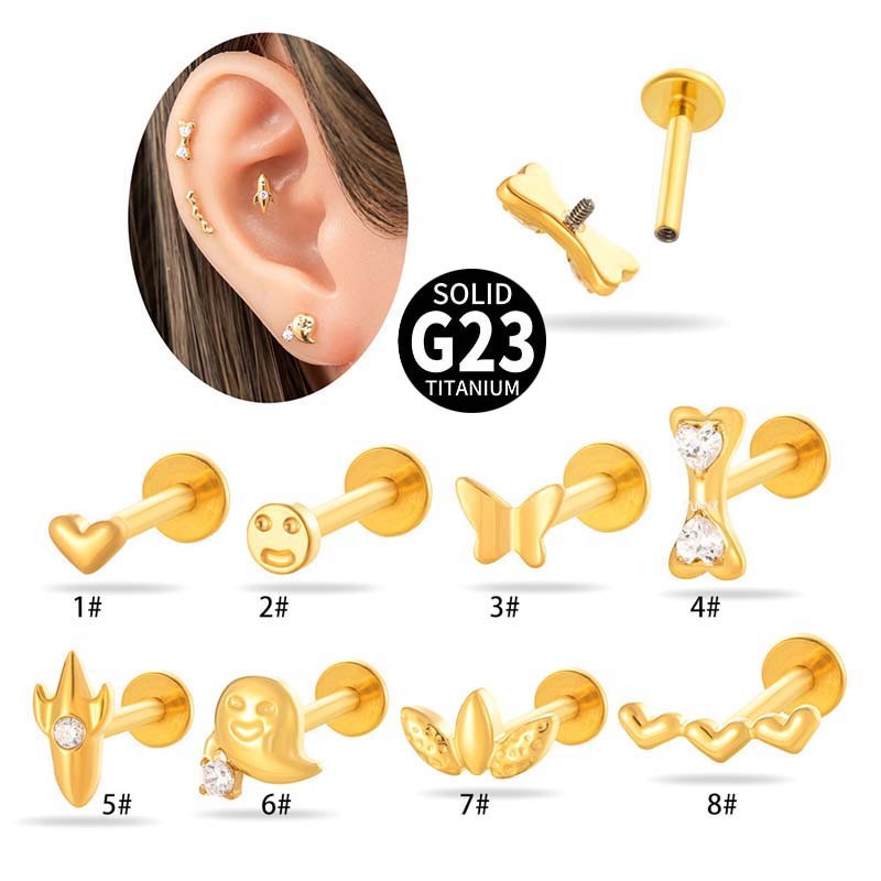 1 ชิ้น Heart Face ผีเสื้อกระดูกรูปร่างกระดูกอ่อนต่างหู Stud G23 ไทเทเนียม Zirconia Labret Lip Stud