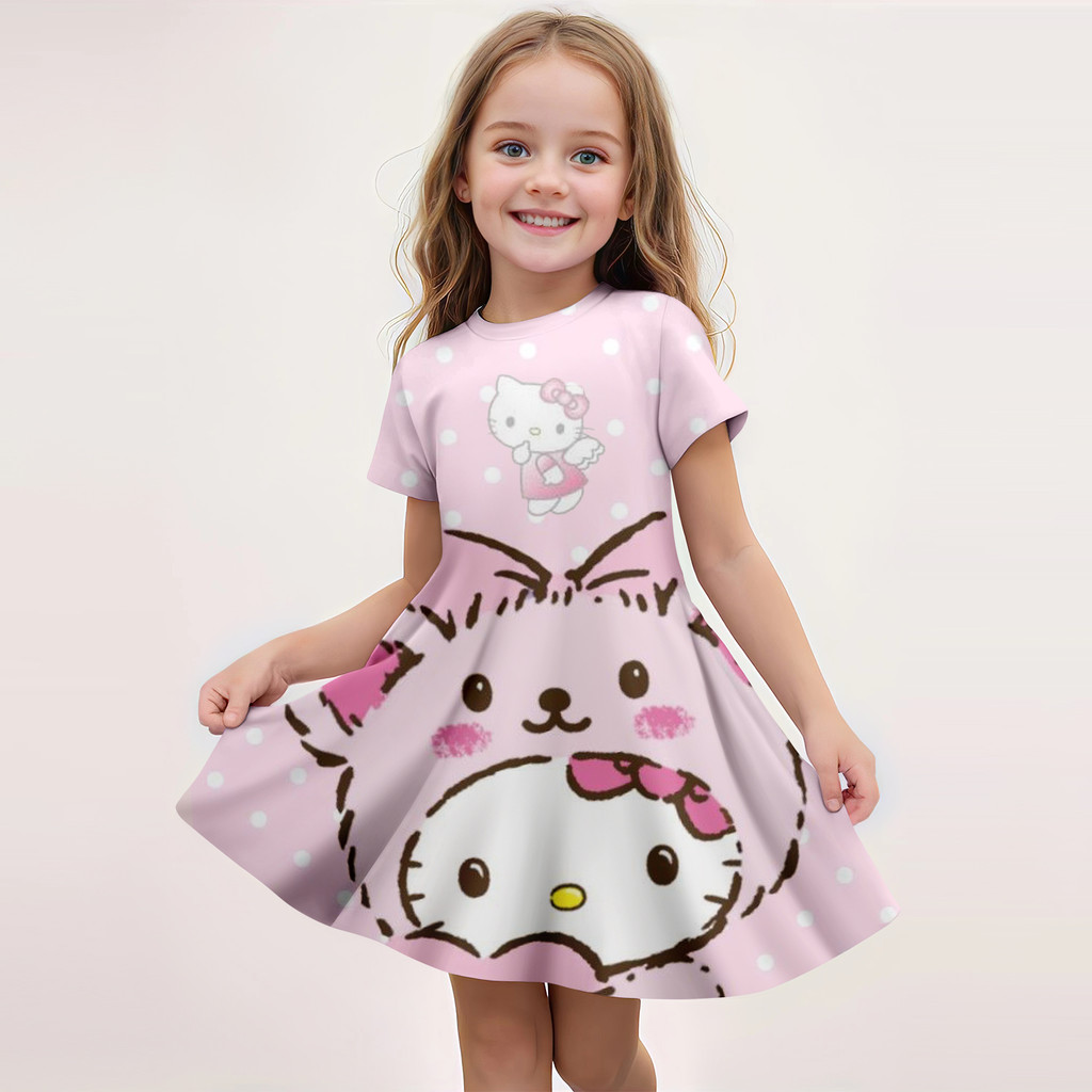 MINISO เป็นที่นิยม มินิโซ เด็กแฟชั่นใหม่สาวชุดการ์ตูนน่ารัก สวัสดี คิตตี้ 3ง พิมพ์ชุดเจ้าหญิงรอบคอบ้านสบาย - รูปที่ 4