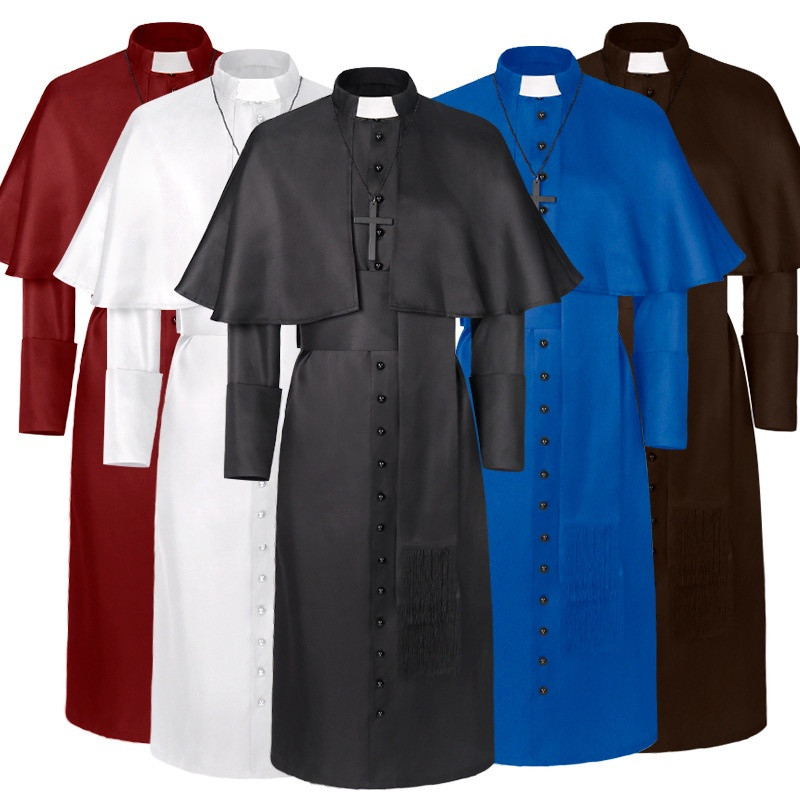 ยุคกลาง Priest เครื่องแต่งกายโรมันศาสนาคาทอลิกคริสตจักร Retro Pope Pastor พ่อภารกิจ Mass Robe Clergy Batina ครบชุดคอสเพลย์ W008