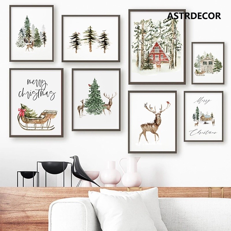 โปสเตอร์ผ้าใบ รูปป่า กวาง ป่า คริสต์มาส สําหรับตกแต่งผนังห้อง