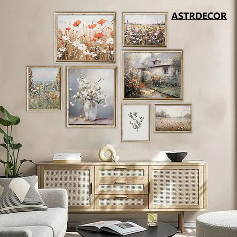 Retro ฤดูร้อนดอกไม้ป่า Country Cabin ภูมิทัศน์โปสเตอร์ Nordic ดอกไม้ผ้าใบภาพวาดพิมพ์ภาพ Wall Art ตกแต่งห้องภาพจิตรกรรมฝาผนัง