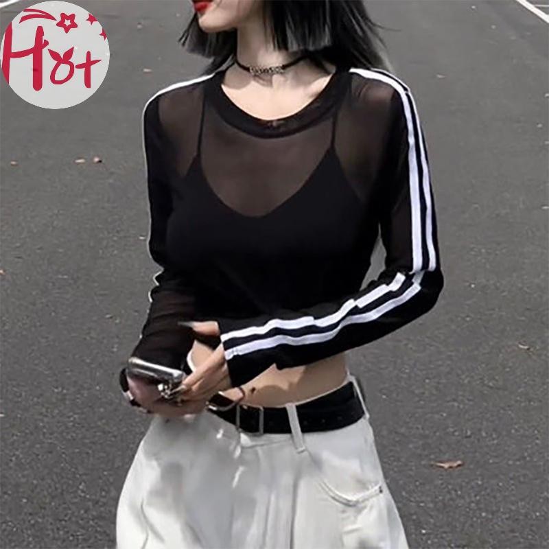 Geเสื้อดีไซน์เสื้อแขนยาวลายทางตาข่ายเซ็กซี่สําหรับผู้หญิงสี่เหลี่ยม