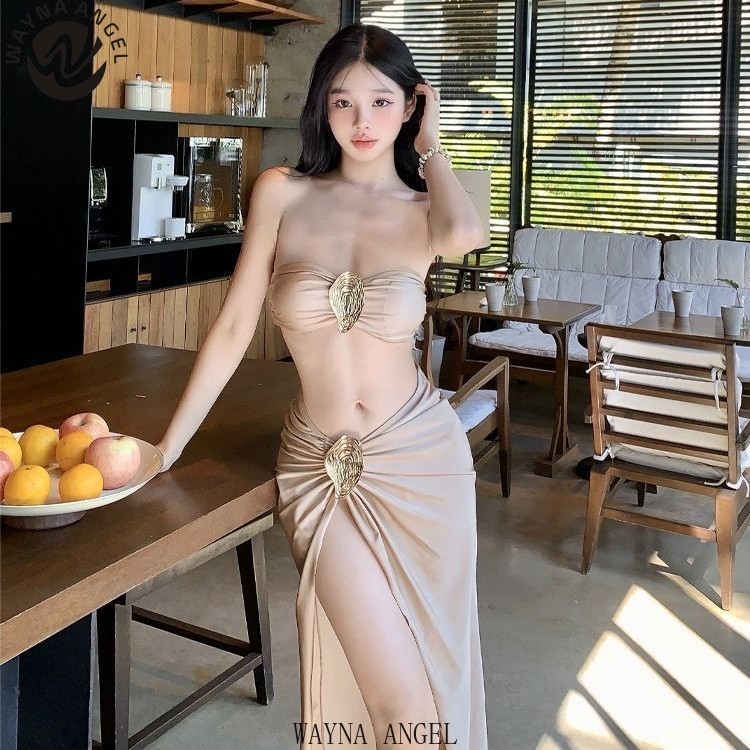 (Wayna Angle) ชุดบิกินี่ Metallic จีบด้านบนแยกชุดว่ายน้ําชายหาดวันหยุดกระโปรงชายหาด