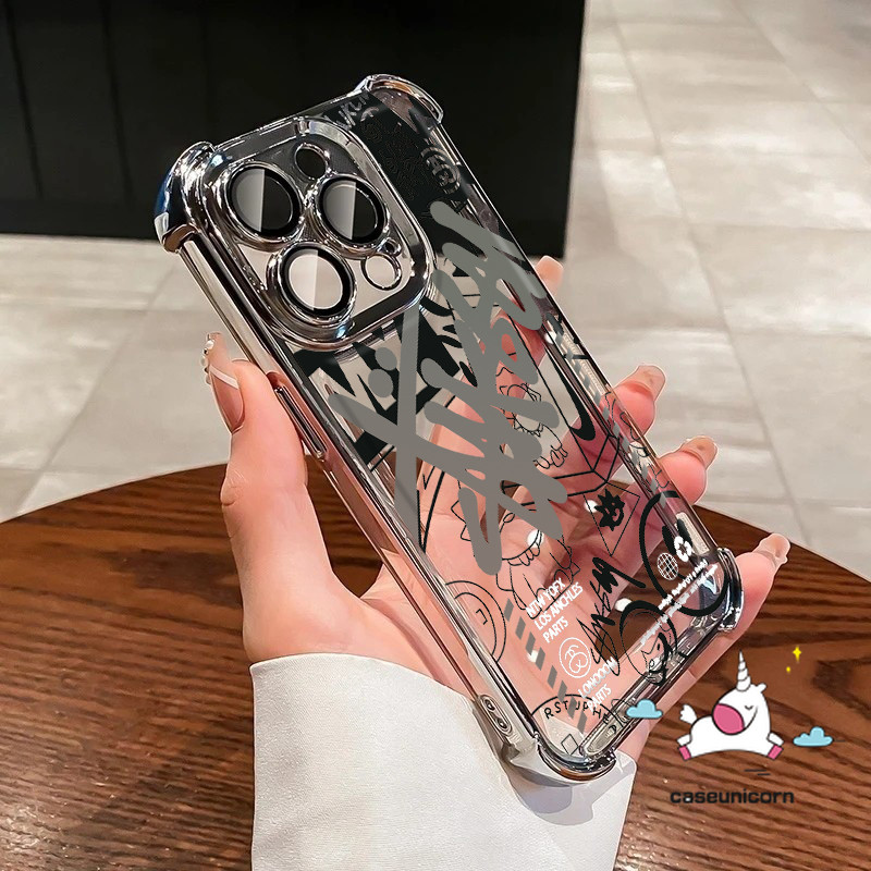 แนวโน้มยี่ห้อการ์ตูนภาษาอังกฤษ Cool Doodle สําหรับ IPhone 16 14 15 12 11 13 Pro Max 16E 7Plus XR X XS Max 14 7 16 15 8 Plus SE 2020 Luxury Anti-fall กรอบเคสใส
