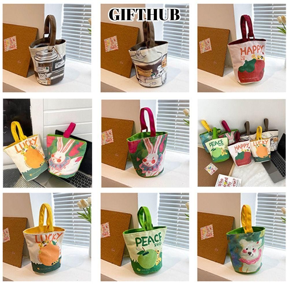 GIFTHUB กระเป๋าถือถัง,ผ้าใบการ์ตูนพิมพ์ข้อมือกระเป๋า,ของขวัญถุงอาหารกลางวันขนาดเล็กกระเป๋าสะพายสบายๆผู้หญิง