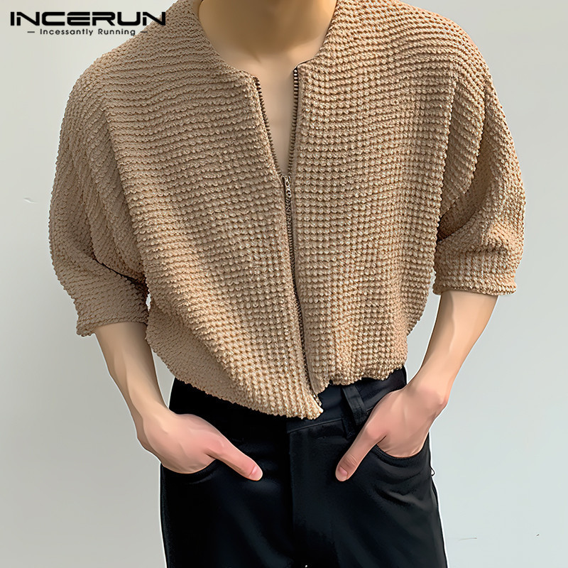 Incerun เสื้อยืดลําลอง คอกลม แขนห้าส่วน มีซิป แฟชั่นเกาหลี สําหรับผู้ชาย