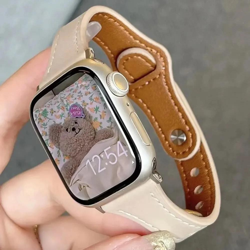สายหนังบางสําหรับ Apple Watch Band 9 8 49 มม.41 มม.40 มม.42 มม.44 มม.45 มม.ผู ้ หญิง Watchband สร ้ อยข ้ อมือเข ็ มขัด iwatch 7 6 5 4 se Ultra