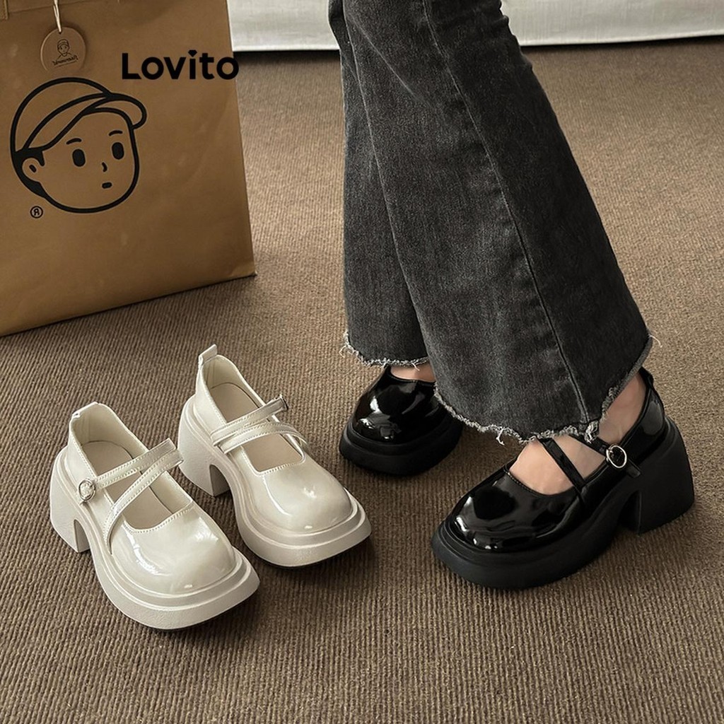 (Lovito Refine) รองเท้าแมรี่ เจน ผู้หญิง พื้นหนา สีพื้น น่ารัก LFA20368