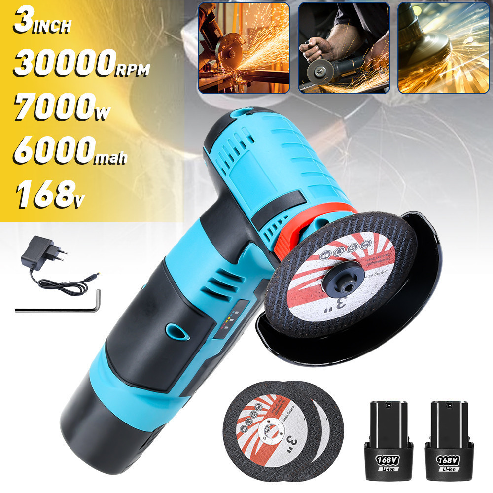 เครื่องเจียรไฟฟ้า 168V 30000RPM ขนาดเล็ก แบบพกพา พร้อมแผ่นตัด 3 นิ้ว แบตเตอรี่ 6000mAh 2 ชิ้น