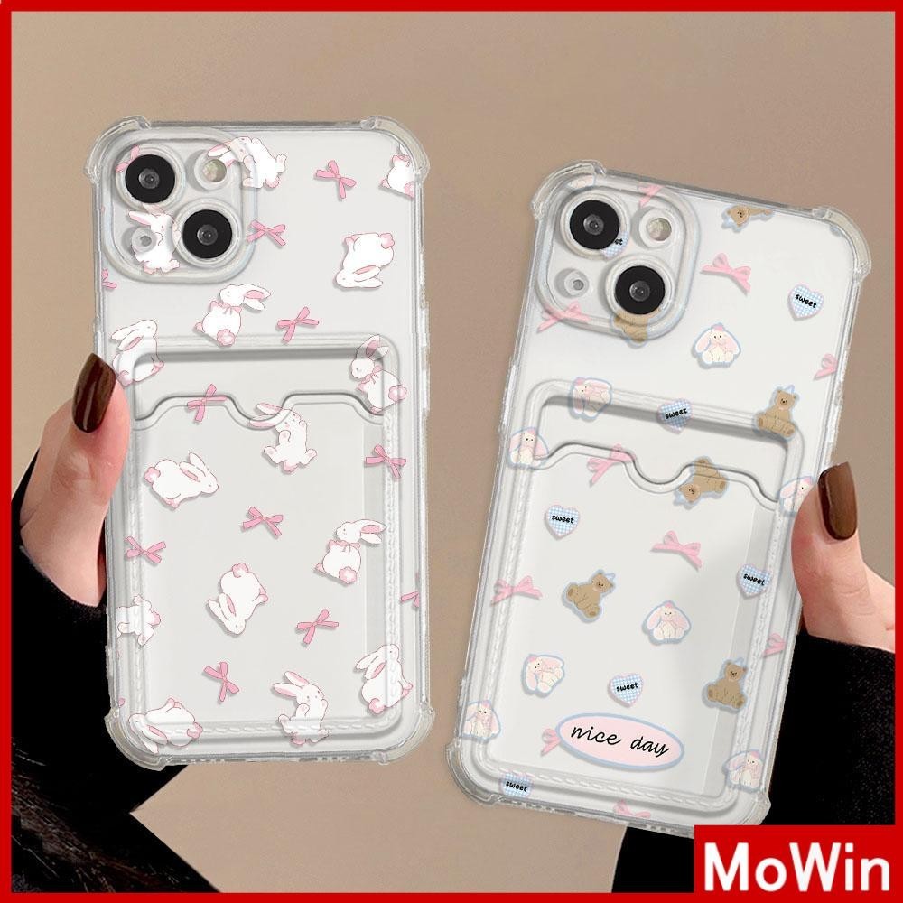 Mowin - สำหรับ iPhone 15 Pro Max iPhone 11 เคสใส่การ์ดเคส ทีพียูซอฟท์เคลียร์ เคสใส่การ์ด ถุงลมนิรภัยกันกระแทก กระต่ายขาวและหมี เข้ากันได้กับ iPhone 14 13 12 11 Pro Max Plus XR XS