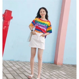 Shop_mklพร้อมส่ง🚚 เสื้อยืดลายทาง สีรุ้ง ทรงหลวม ขนาดใหญ่ใส่สบาย สำหรับผู้หญิง #9024