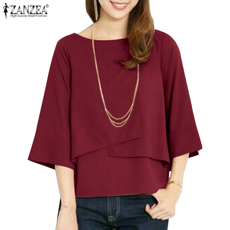 Zanzea เสื้อเบลาส์ คอกลม แขนสามส่วน สองชั้น สไตล์เกาหลี สําหรับผู้หญิง