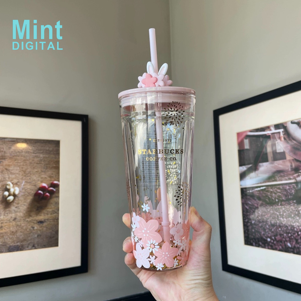 Starbucks แก้วน้ําสองชั้น ลายดอกพีช กระต่ายน่ารัก ความจุขนาดใหญ่ 591 มล.