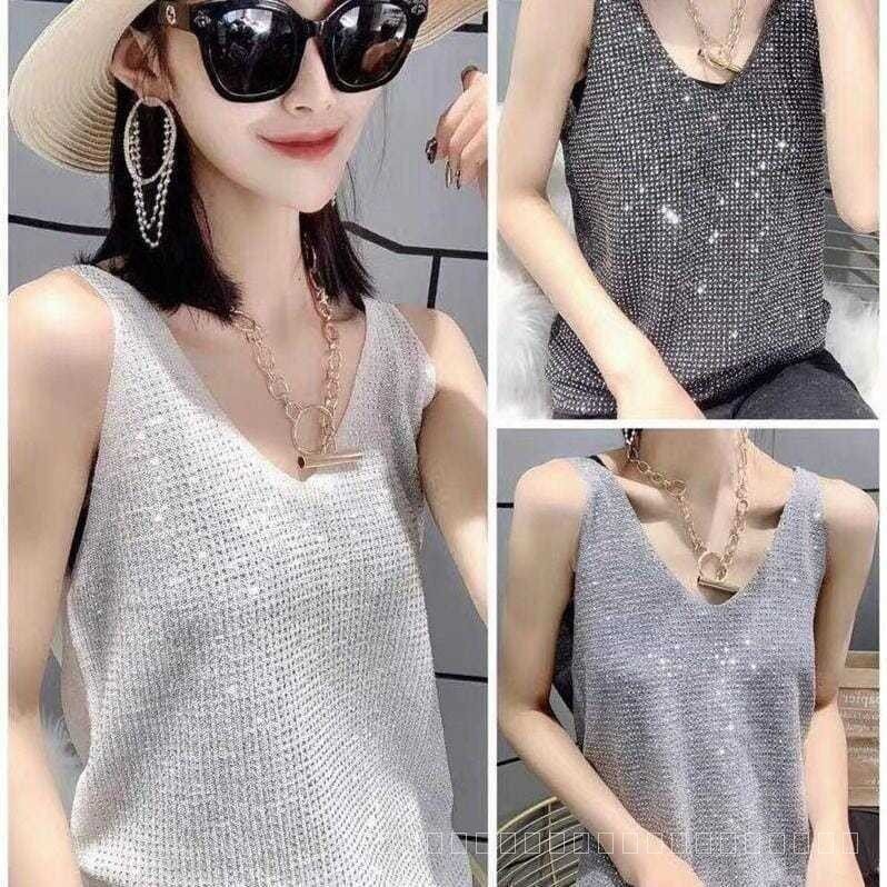 ใหม่ เสื้อยืดแขนกุด ผ้าเรยอนถัก ทรงหลวม ประดับเพชร เข้ากับทุกการแต่งกาย แฟชั่นฤดู 40-100 กก. IKM2