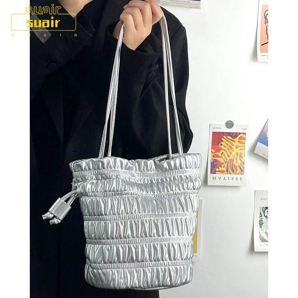 Suair Handbag, Bucket Silver Pleated Shoulder Bag, Fashion PU Leather Drawstring Underarm Bag Women