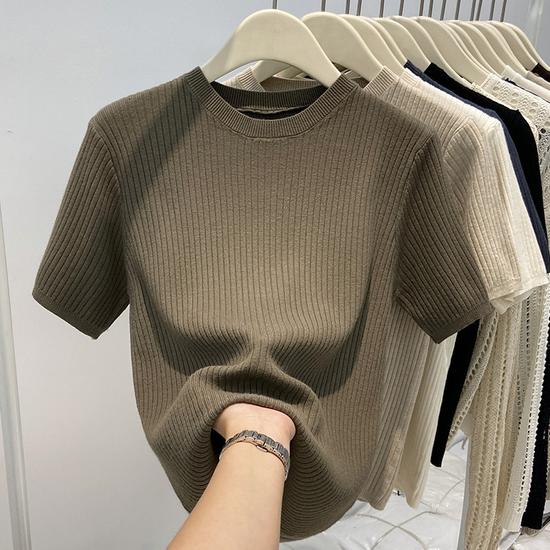 C &M Women 's Simple Versatile Elastic show Slim Knit Short Sleeved T-shirt