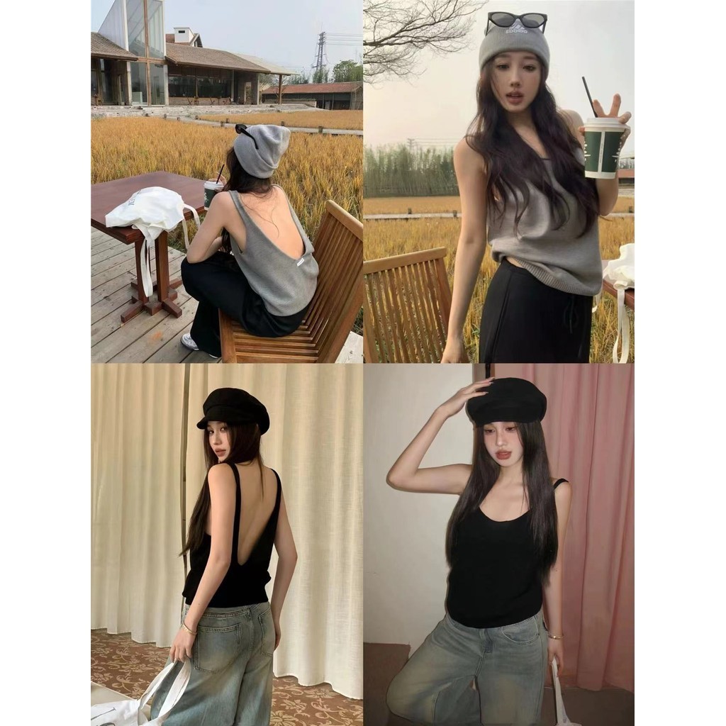 Gakki เสื้อกล้ามไหมพรมเว้าหลังแขนกุดทรงหลวมผู้หญิง สายเดี่ยว 2053#