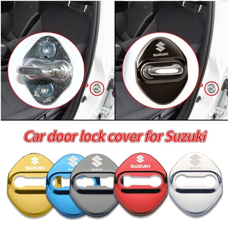 4pcs Suzuki รถประตูล็อคป้องกันตกแต่งสแตนเลสสําหรับ Suzuki Carry Ertiga Xl7 Apv S-presso Baleno Jimny Swift Ignis Vitara Sx4 Cross อุปกรณ์เสริม