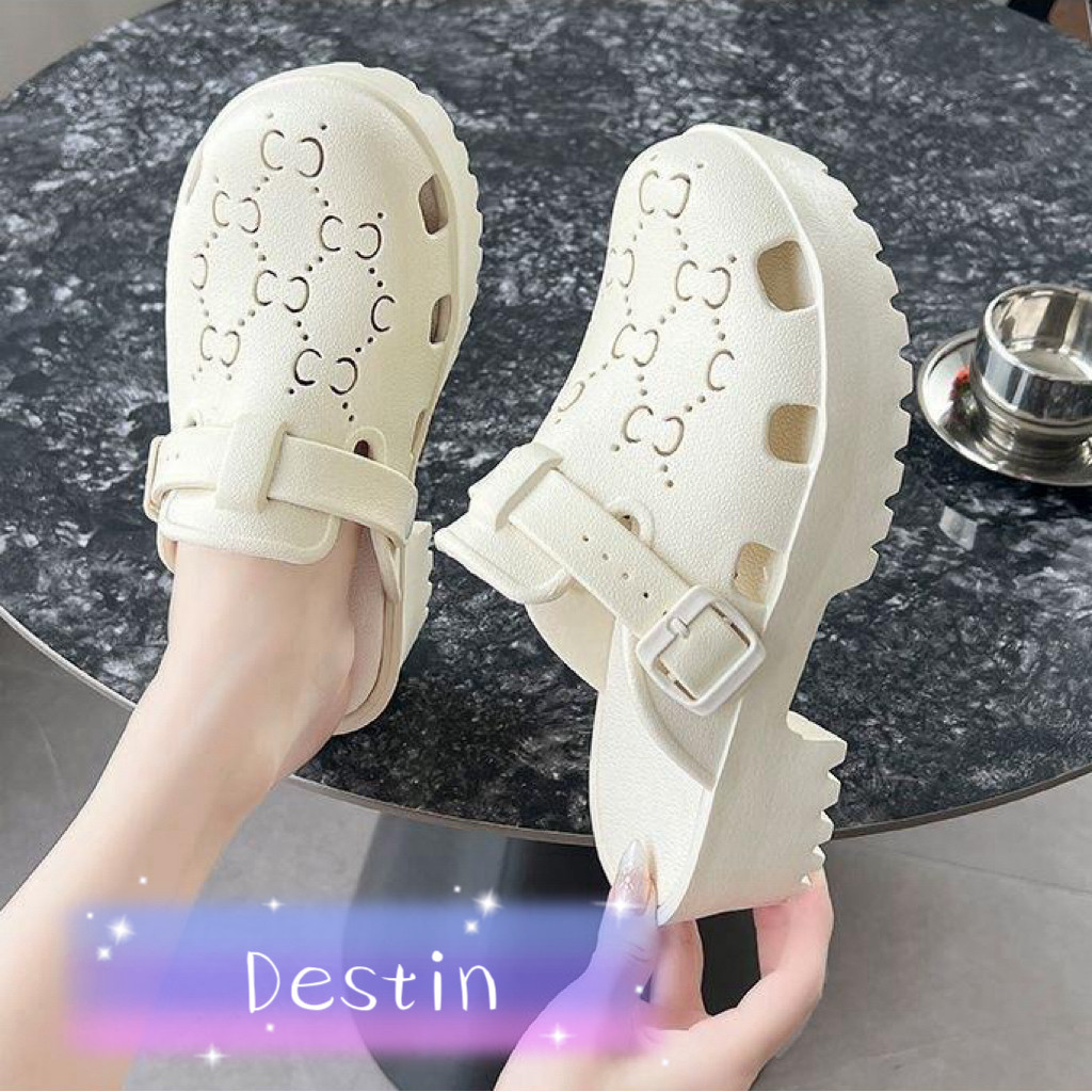 Destin🩰พร้อมส่งจากไทย🛒(TO-OCO) EVAรองเท้าแฟชั่นผู้หญิงปั้มลายGGส้นตึกพื้นหนายางนิ่มใส่แล้วดูสูงแมทง่ายกับทุกลุคสีสด