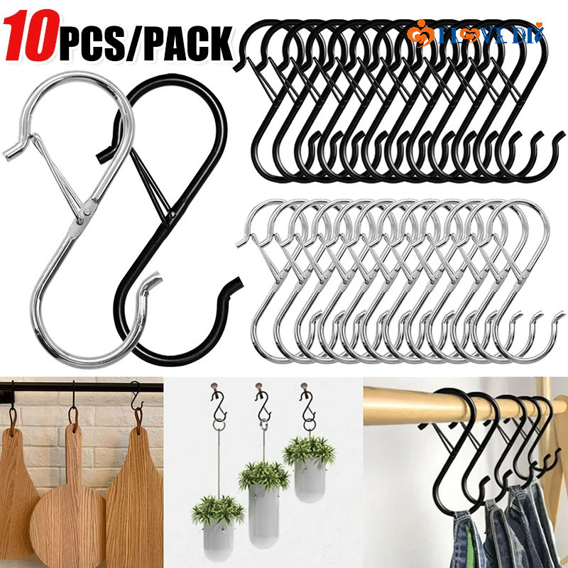 3-10 ชิ้น Heavy Duty Storage ตะขอเหล็ก S-รูปโลหะ Windproof Clasp ตะขอในครัวเรือนตู้เสื้อผ้า Garden Organizer