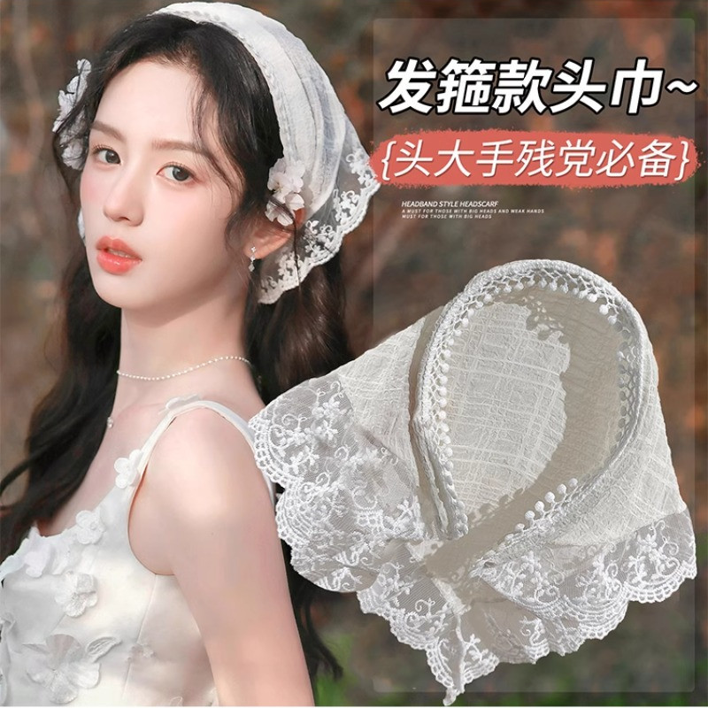 ฤดูร้อนใหม่ผ้าคลุมศีรษะฝรั่งเศส Girly ลูกไม้สไตล์ Pastoral ผ้าพันคอสามเหลี่ยมแถบคาดศีรษะ