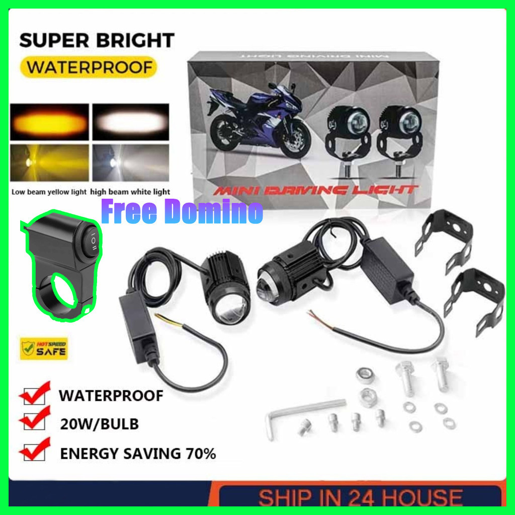 24H เรือ2pcs Mini ขับรถสีขาว + สีเหลืองคู่ฟรี Domino 3Way Switch Universal 40W