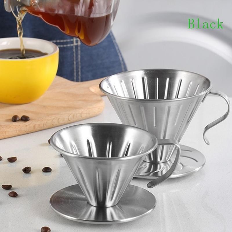 Black Pour Over Coffee Dripper สแตนเลสกรวยกาแฟกรอง Brewing