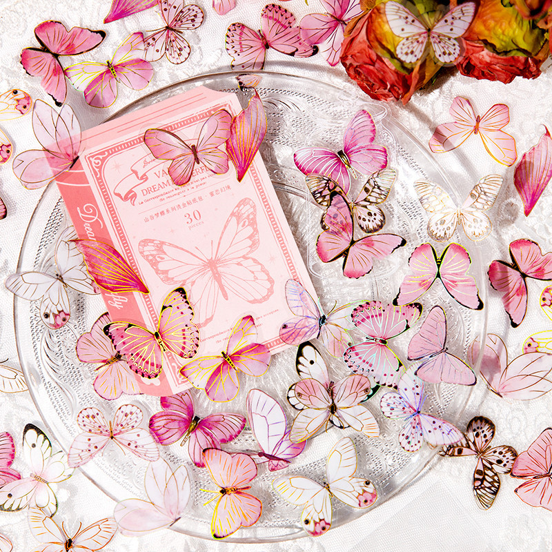 Qouzmo30pcs/pack Vintage Junk journaling Collagen Sticker Pack [Valley Dream Butterfly Series ]diy scarpbooking Supplies ไดอารี ่ อัลบั ้ ม deco Gold Plated Butterfly carft วัสดุสติกเกอร ์