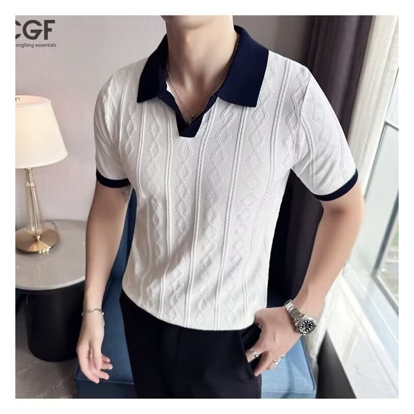 Chaogongfang essentials ฤดูร้อนระดับไฮเอนด์แสงผู้ใหญ่สไตล์ POLO เฟอร์ผู้ชายเวอร์ชั่นเกาหลีสลิมฟิตบางปกสบายๆสีทึบถักแขนสั้น