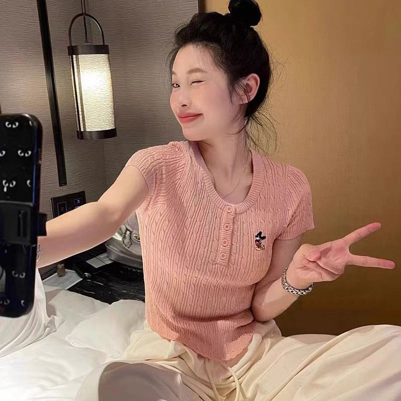 Gakki เสื้อแขนสั้นผู้หญิงทรงสลิมถักผู้หญิง เสื้อไหมพรม 2083#