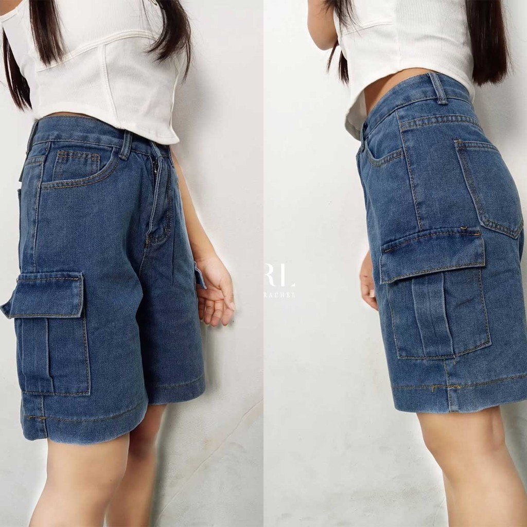 RACHEL เข้าแล้ว กางเกงคาร์โก้วินเทจ กางเกงยีนส์ขาสั้น ยีนส์น้ำเงินพร้อมกระเป๋าข้างเท่ๆ