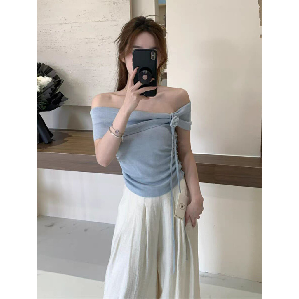 Gakki เสื้อยืดหญิง เสื้อไหมพรมปาดไหล่ แขนกุด ผญ ผ้านิ่มใส่สบาย ฟรีไซส์ พร้อมส่ง 2082#