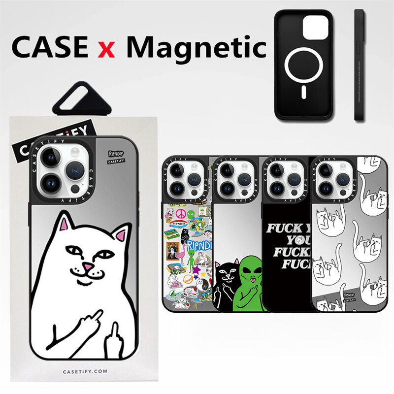 Casetifg Naughty Ripndip Cat Mirror Magnetic ชาร์จเคสโทรศัพท์พร้อมกล่องสําหรับ iPhone 16 12 13 14 15 Pro Max 16 Plus คุณภาพสูงด้านข้าง Fon Carve กันกระแทกป้องกัน Hard Cover
