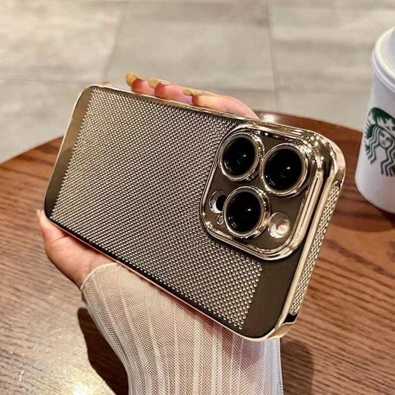 ชุบด้วยไฟฟ้าตาข่ายระบายอากาศกระจายความร้อนเคสโทรศัพท์โลหะสําหรับ ไอโฟน 16 11 12 13 14 15 มือโปร สูงสุด บวก คลุมทั้งหมดเลนส์กล้องฟิล์มป้องกันปลอกกันกระแท