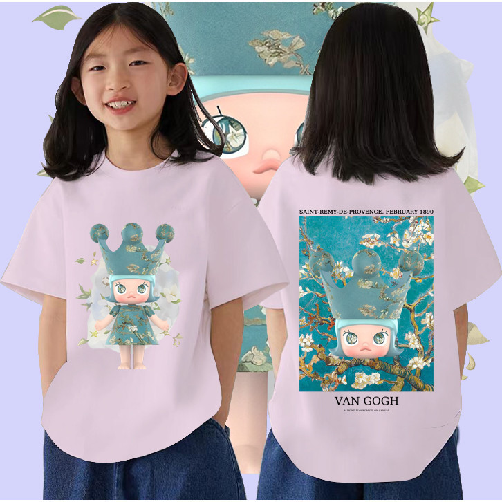 100cm-150cm Molly เสื้อยืดเด็ก Popmart Molly Van Gogh เด็กเสื้อยืดแขนสั้นด้านบนผ้าฝ้ายระบายอากาศ