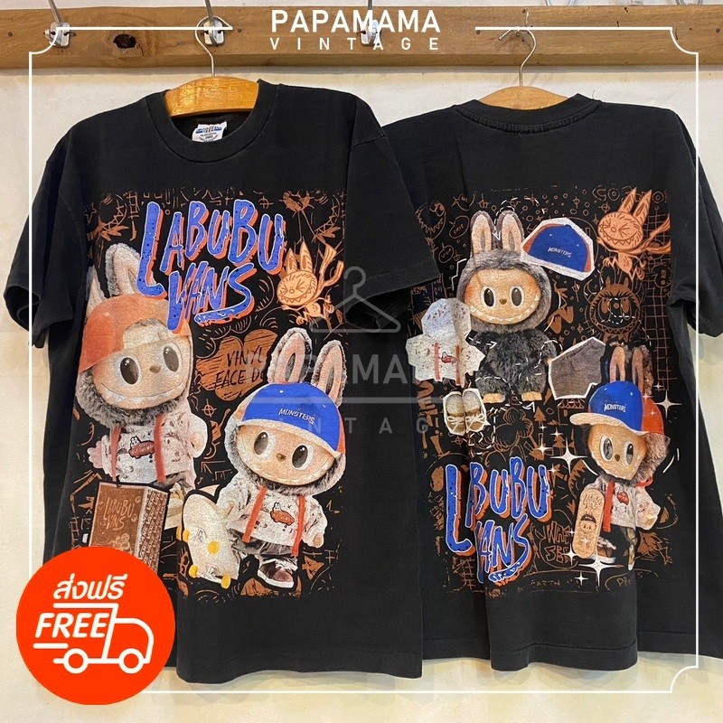 ใหม่ [ LABUBU ] VANS BIO WASHED tag original Bootleg แท้ เสื้อวินเทจ ลายการ์ตูน ลาบูบู้ arttoy popar