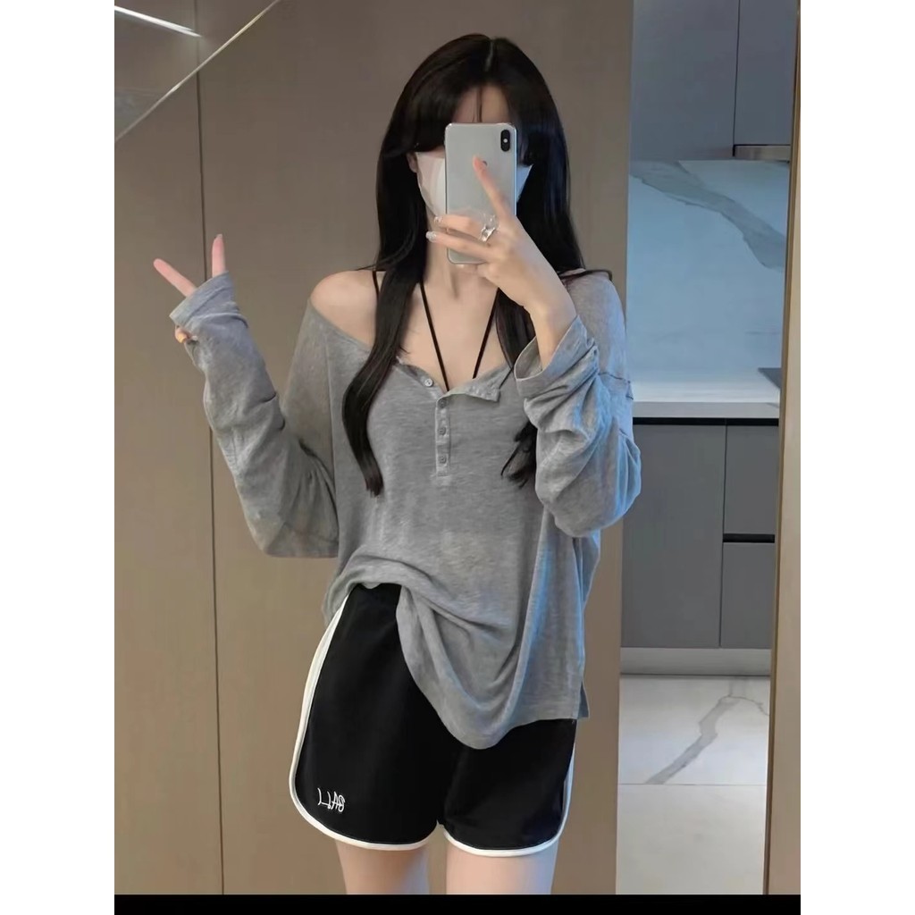 Dahong เสื้อแขนยาว ทรงหลวม ขนาดใหญ่ เสื้อแฟชั่น สีพื้น วินเทจผู้หญิง สวมใส่สบาย สไตล์เรียบง่าย แฟชั่นฤดูร้อน2366