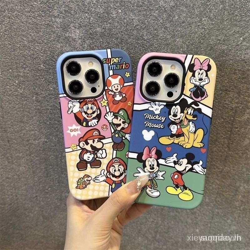 สนุกการ ์ ตูนปริศนา Super Mario Mickey Mouse สองในหนึ ่ งเดียวเปลือกโทรศัพท ์ มือถือสําหรับ iPhone 13 14 Pro Max 15 plus ซิลิโคน XR 8 plus XR 7 plus XS Max 12 Pro Max 11