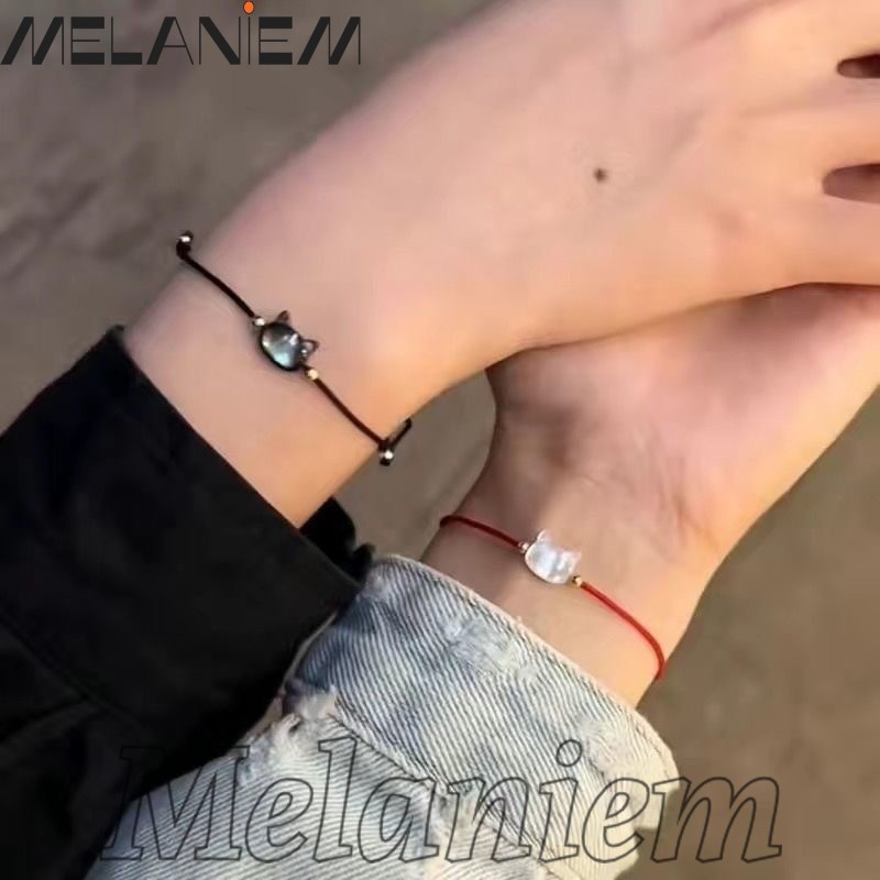 สร้อยข้อมือถักหัวแมว-การ์ตูน,น่ารัก,มูนสโตน ออบซิเดียน -โซ่มือแมวเชลล์-ปรับได้,ทํามือ-ของขวัญวันวาเลนไทน์-เครื่องประดับ-เชือกมือคู่