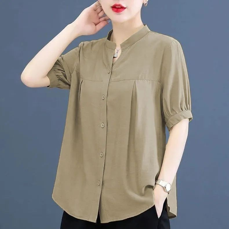 เสื้อชีฟองผู้หญิงฤดูร้อนใหม่ที่สวยงามแฟชั่นสลิมมิ่งอารมณ์สีที่บริสุทธิ์แม่สวมยืนปกด้านบน