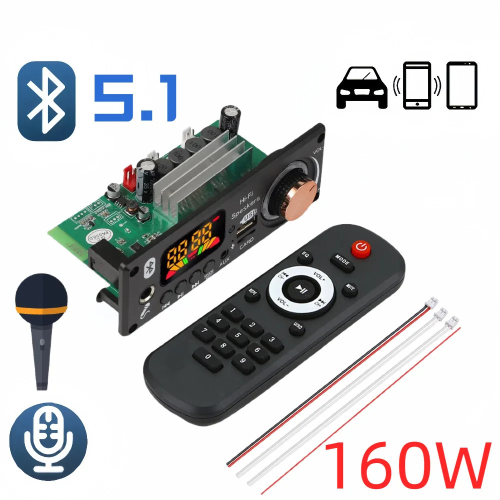 2*80w บลูทูธ 5.1 MP3 ถอดรหัส Board160W เครื่องขยายเสียงเครื่องเล่น DIY MP3 เครื่องเล่นรถวิทยุ FM โมดูล TF USB Mic บันทึก Call