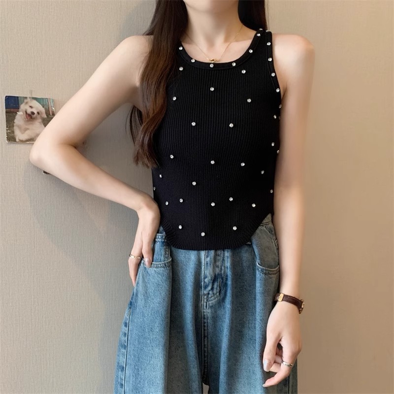 บาลามี ฤดูร้อนสไตล์ใหม่ผ้าไหมน้ําแข็งอุตสาหกรรมหนักเจาะเล็บแขนกุด จุดต่ําสุด สวมใส่ด้านนอกถักเสื้อกั๊กด้านบน