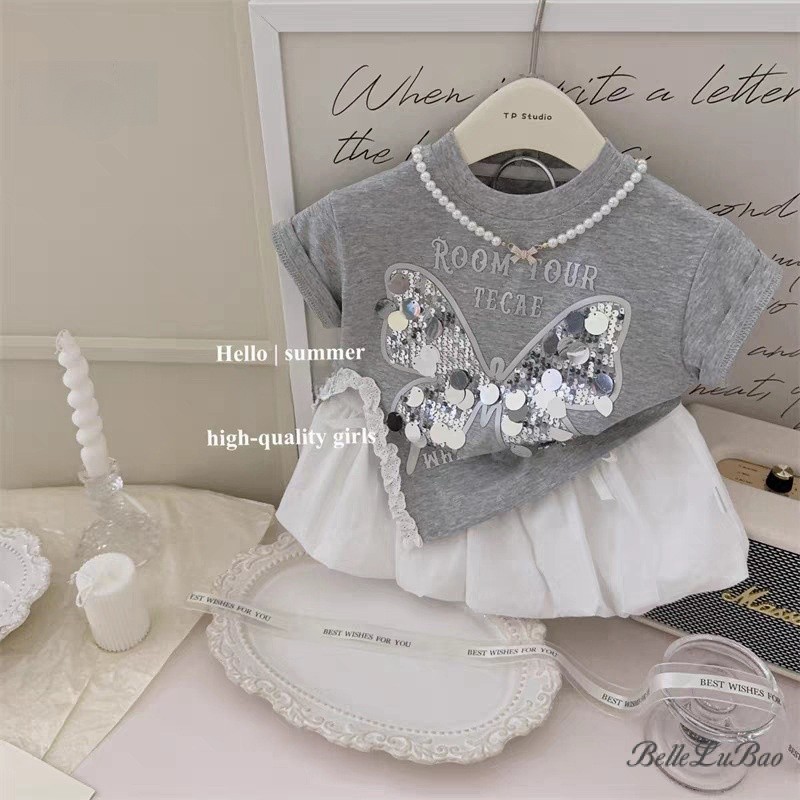 Babykids ชุดเซ็ทเด็กผู้หญิง ชุดกระโปรงสั้นเสื้อยืดโบว์เลื่อมลำลองสำหรับเด็กผู้หญิงฤดูร้อนใหม่