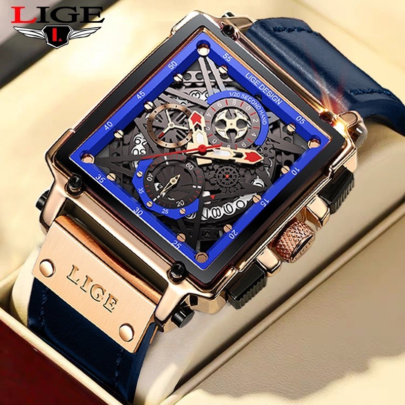 LIGE Brand Jam Tangan Watch Waterproof Leather Watch For Men Fashion Sport Chronograph Quartz Wrist Watches Men's + Box