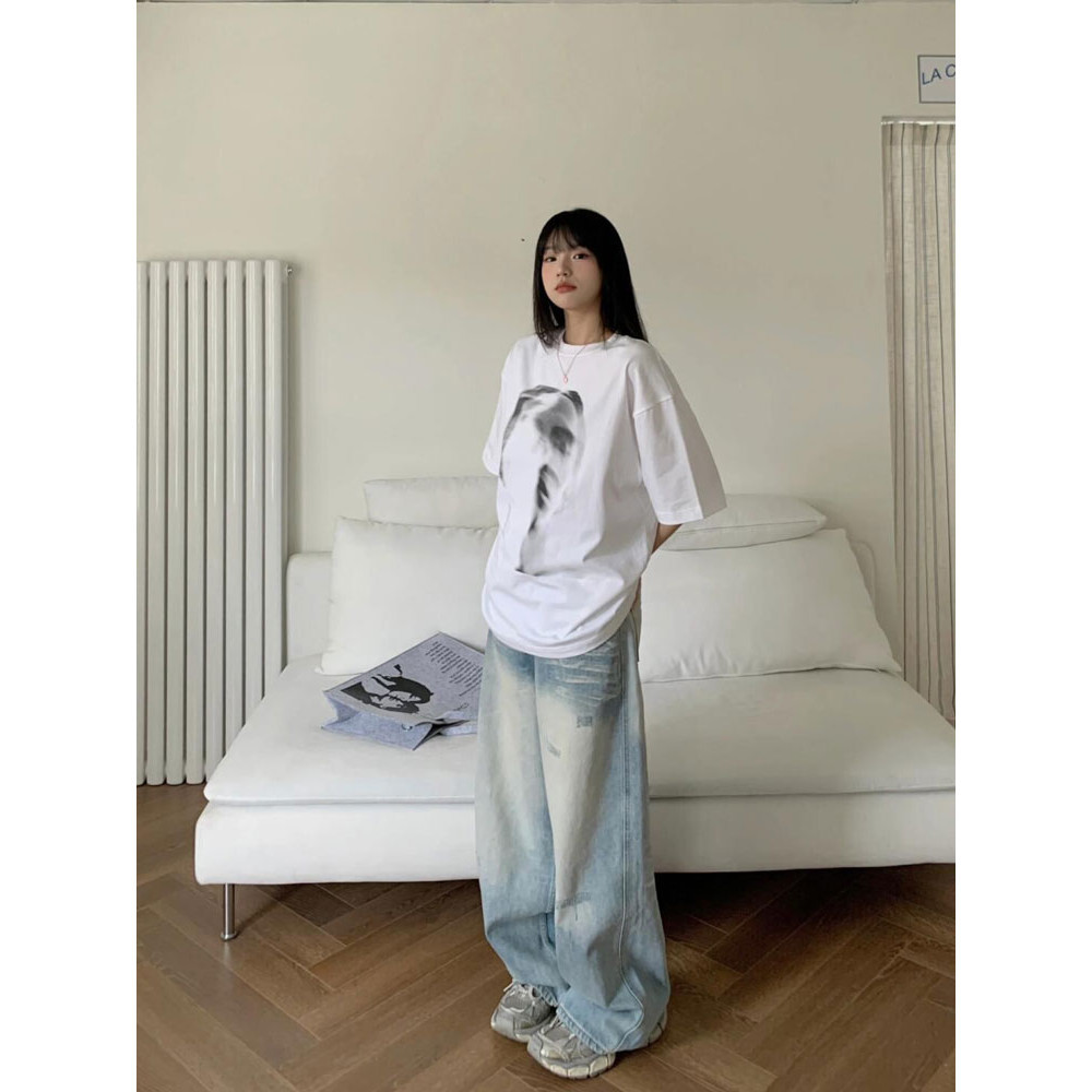 (จัดส่งตลอด 24 ชั่วโมง）OOOK Officialoversize เสื้อผ้าแฟชั่นวัยรุ่น เสื้อยืดคอกลมผู้หญิง โอเวอร์ไซส์ลาย