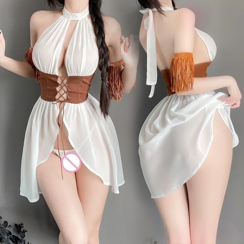 YJ Sexy Lingerie Exotic Open Bra Corset Costume Porn Cowboy Outfit Seductive Halter Dress Tassel Han