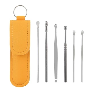 (F-104) ไม้แคะหูสเตนเลสแท้ ชุดไม้แคะหู 6 in 1 พร้อมซองใส่เก๋ๆ ไม้แคะหู ทำความสะอาดรูหูแบบพกพา